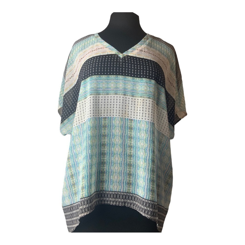 CAbi 328 Sheer Blouse V-neck Top Black Turquoise Green White Excellent Condition
